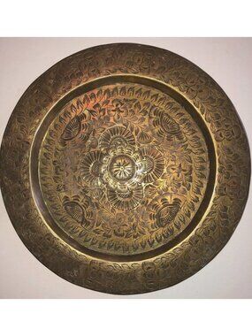 Antique Benares Brass India Plate with Intricate Floral and Geometric Engraving